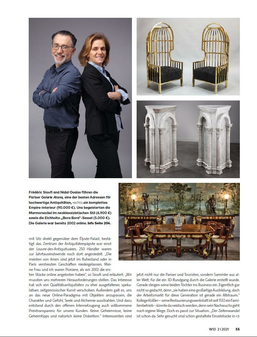 Das Bild zeigt eine Seite aus dem Livestile-Magazin WOHN!DESIGN mit Möbeln und dem Antiquitätenhändler-Paar Frederic Sooufi und Nidal Ouaiss eine der besten Adressen in Paris.